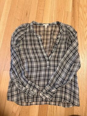100% Silk Long-Sleeve Henley Blouse - Gray Plaid